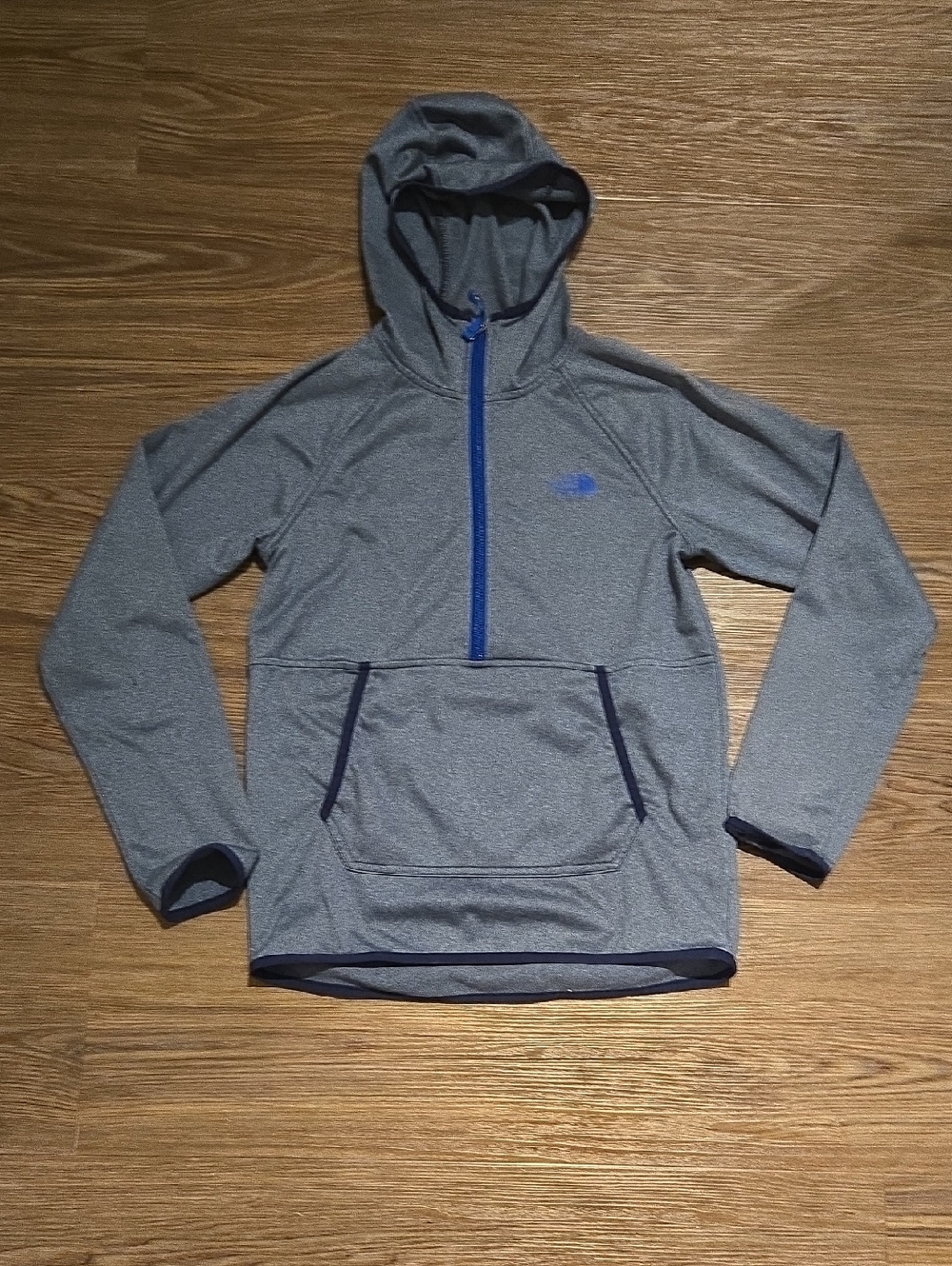 The North Face Heather Gray Hoodie with Blue Accents